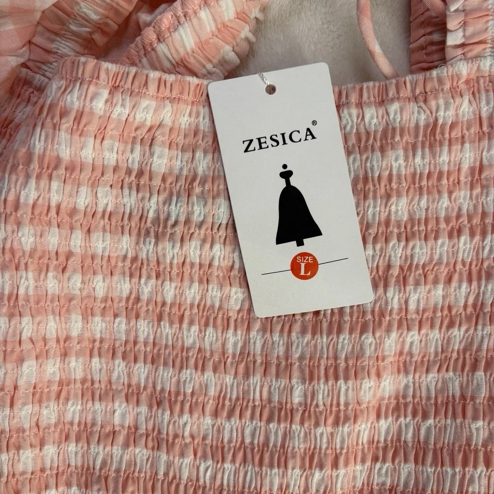 ZESICA Pink White Plaid Gingham Maxi Dress NWT Smocked Tiered Size L - Picture 3 of 12